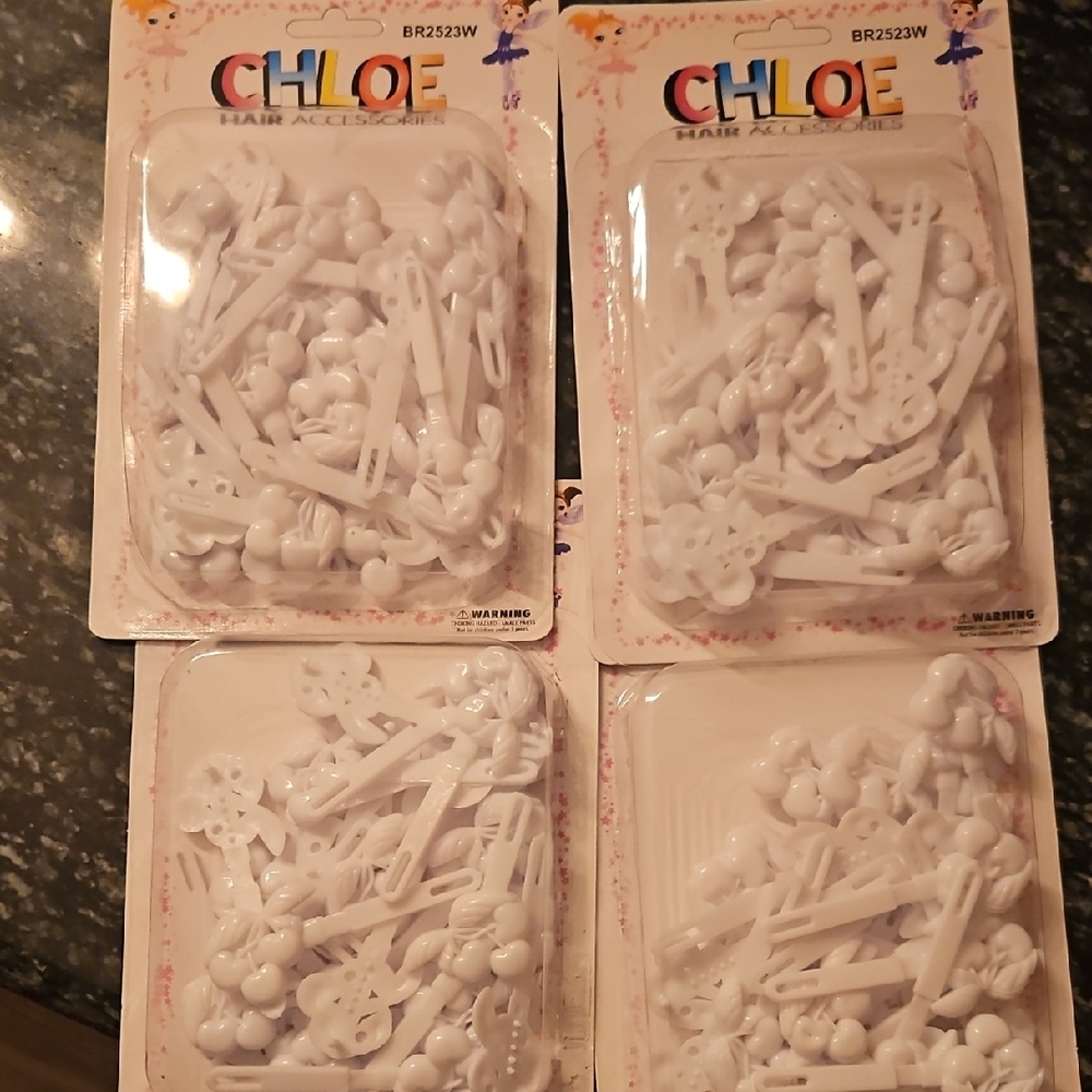 Chloe White Hair Clips Self Hinge - Cherry Design 4packs
